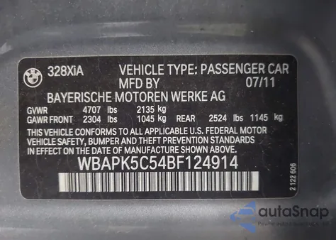 2011 BMW 328I xDrive из США, поврежденный, VIN WBAPK5C54BF124914